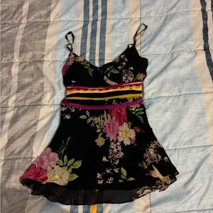 Sue Wong Black Floral Spaghetti Strap Tank with Pink & Yellow Accents